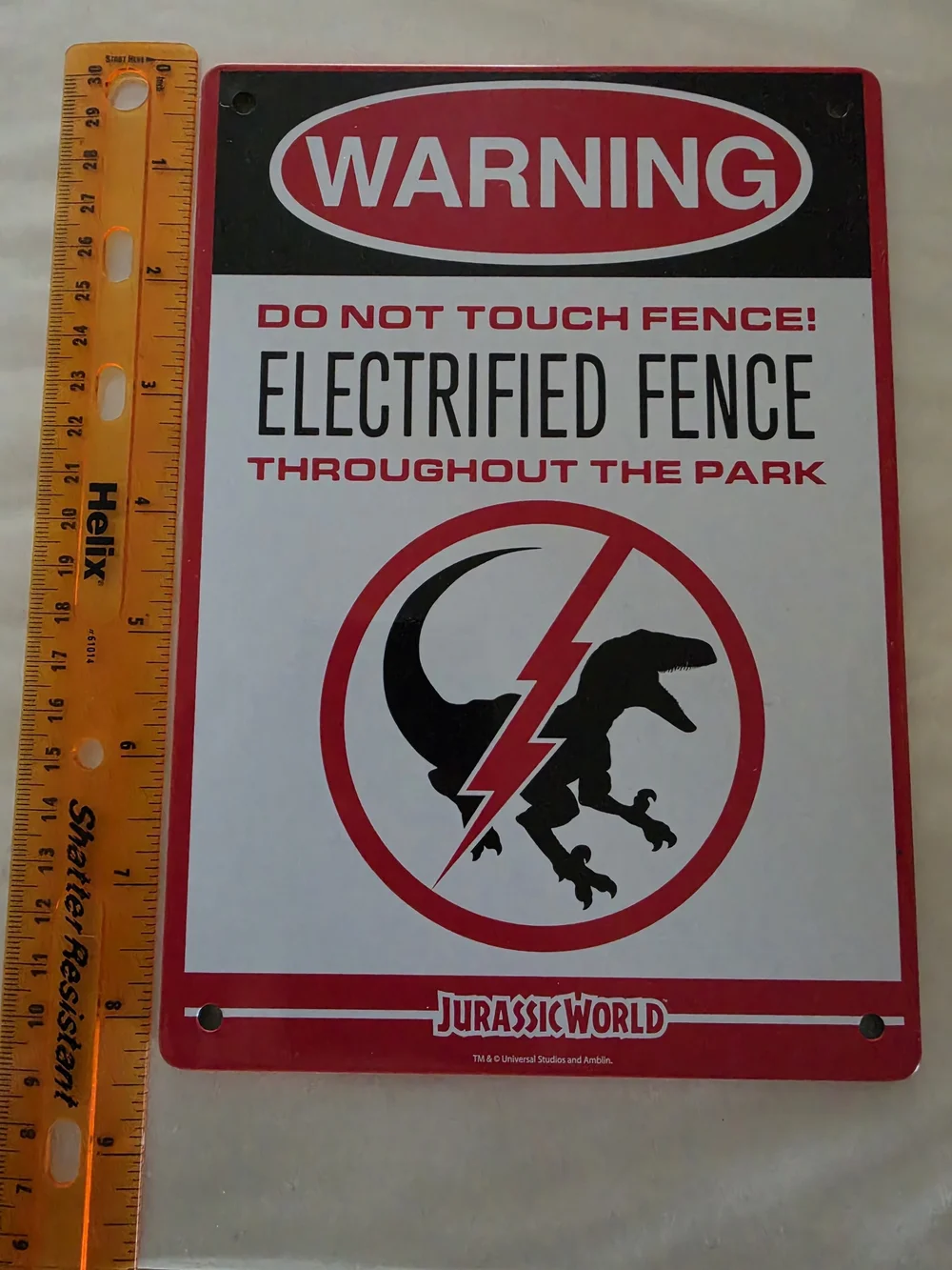 Jurassic World 'Electrified Fence' Warning Wall Sign - Red & Black